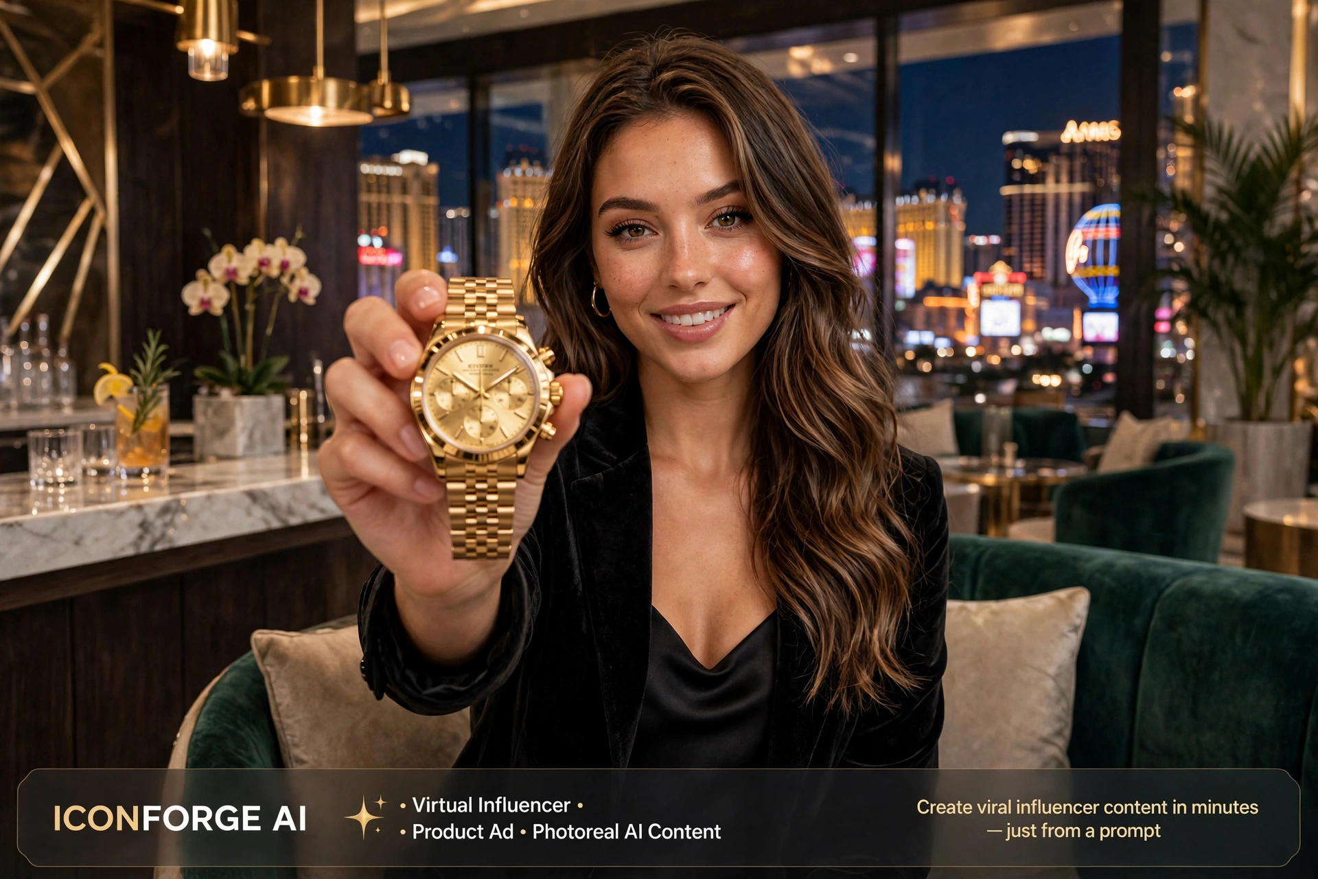 AI influencer holding a gold watch in a Las Vegas lounge, a sample product ad